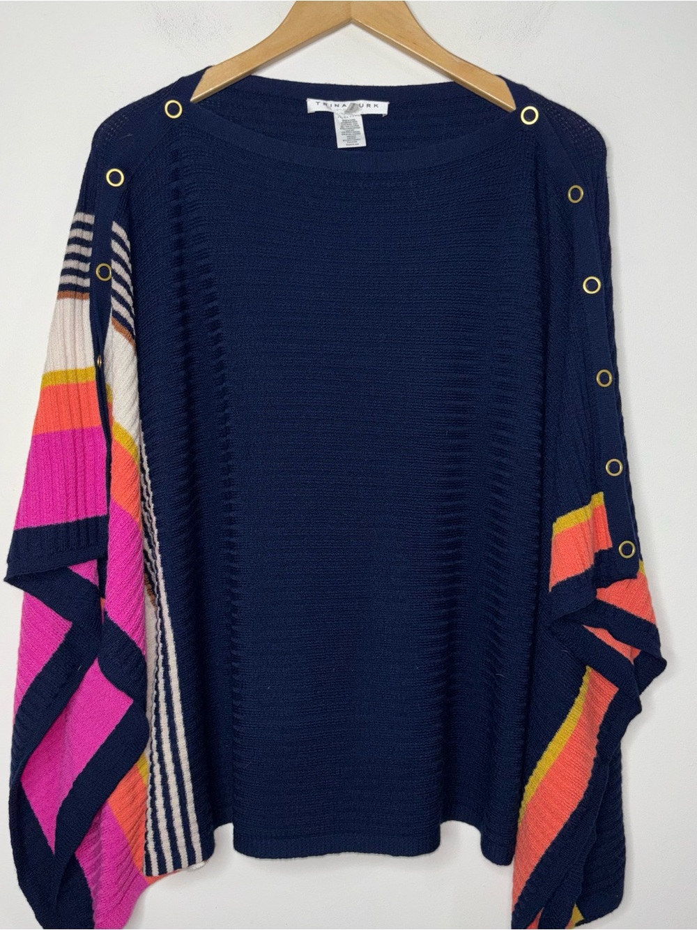 Trina Turk Chic Wrap Pullover Sweater Poncho Blue Knit Stripes and Gold Buttons - Picture 11 of 13
